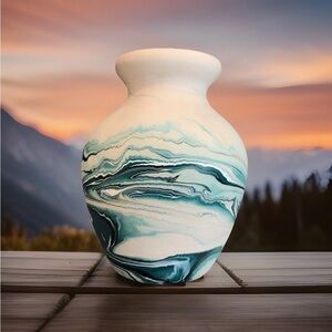 Vintage Nemadji Indian River Pottery Vase Blue Cream Swirl 6” Handmade USA Rare